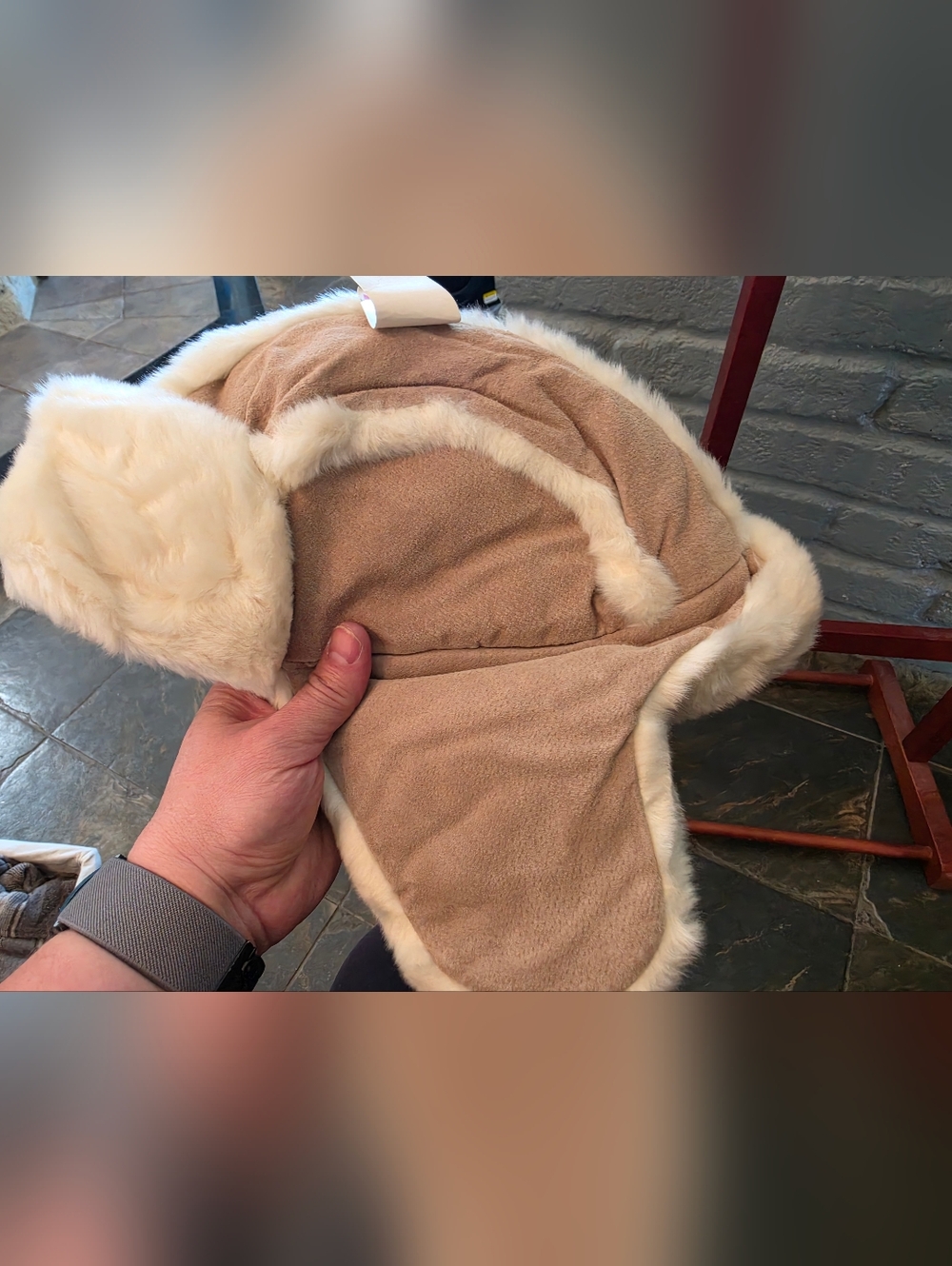 Leather Beige TAN Faux Fur Trapper Hat Real SUEDE SIZE L/XL